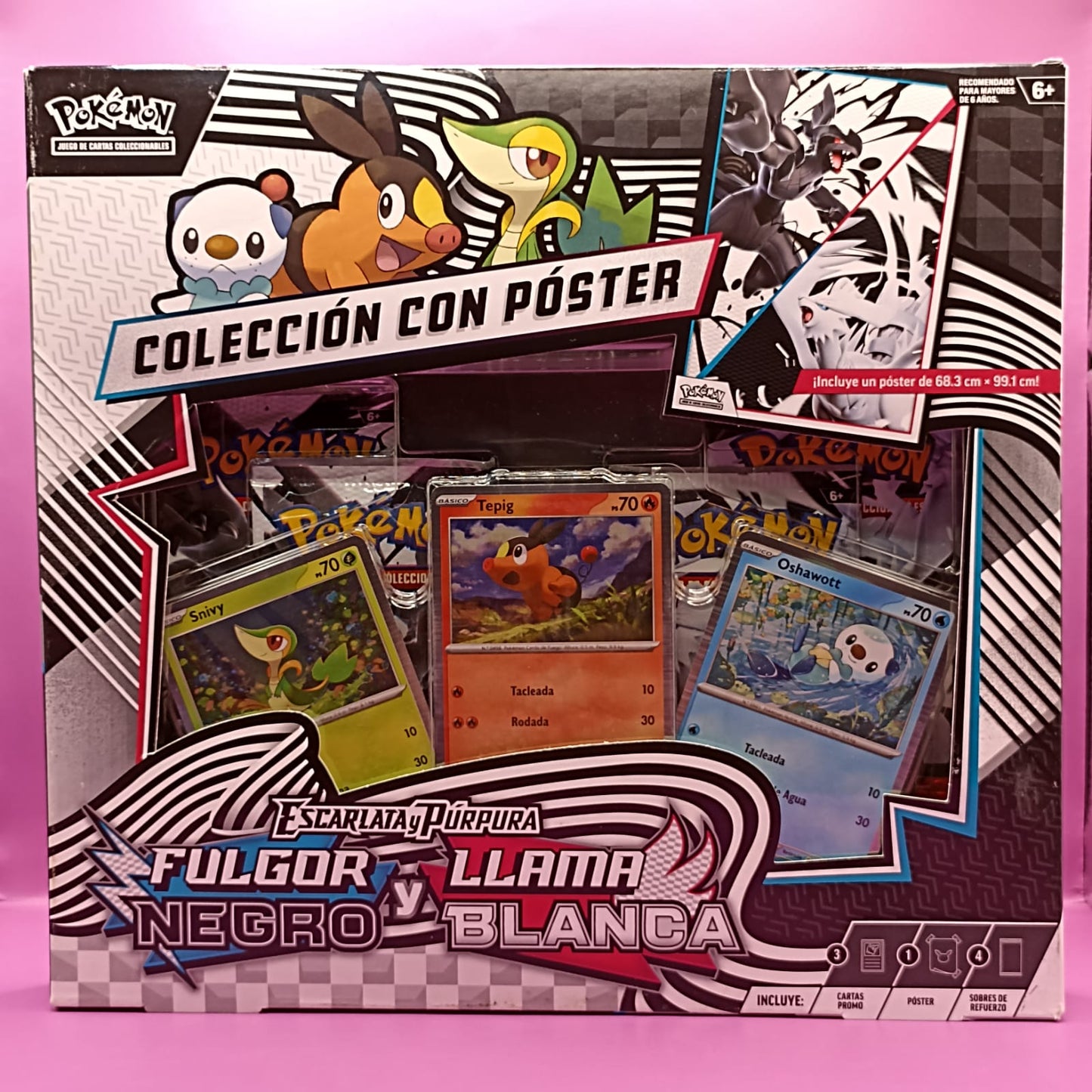 TCG Pokemon Escarlata y Púrpura Colección con poster Fulgor Negro y Llama Blanca (Español)