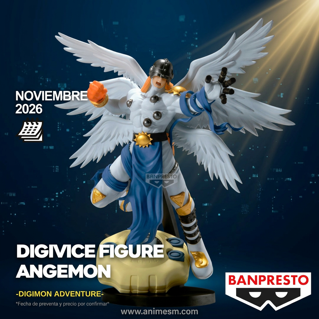 Digimon Adventure Digivice Figure Angemon Banpresto con fondo digital azul y luz dorada, preventa noviembre 2026