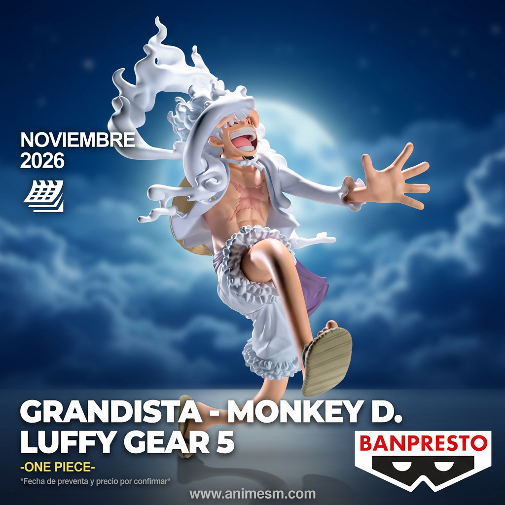 One Piece Grandista Monkey D. Luffy Gear 5 Banpresto con fondo nocturno, preventa noviembre 2026, Anime SM