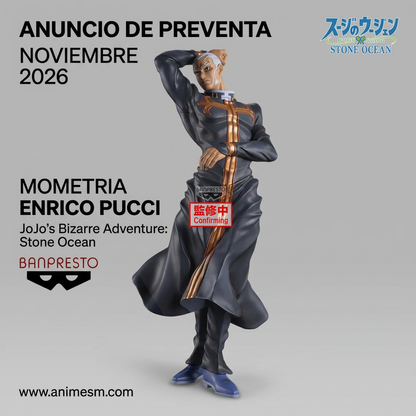 Enrico Pucci Mometria de JoJo's Bizarre Adventure Stone Ocean con fondo gris liso y logo de la serie, preventa noviembre 2026