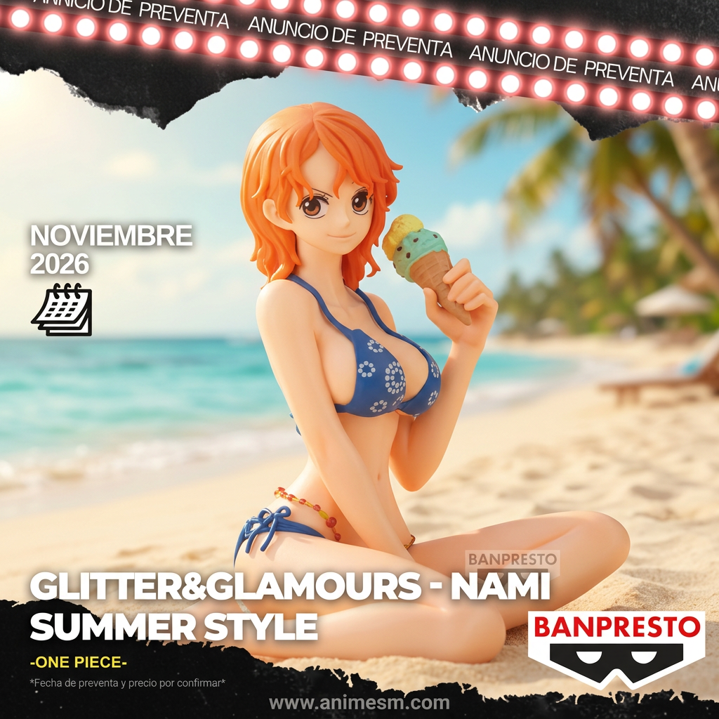One Piece Glitter&Glamours Nami Summer Style Banpresto con fondo de playa, preventa noviembre 2026, Anime SM