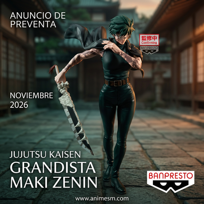 Jujutsu Kaisen Grandista Maki Zenin de Banpresto con fondo de patio japonés al atardecer, preventa noviembre 2026