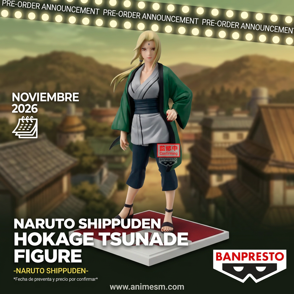 Naruto Shippuden Hokage Tsunade Figure Banpresto con fondo inspirado en Konoha, preventa noviembre 2026