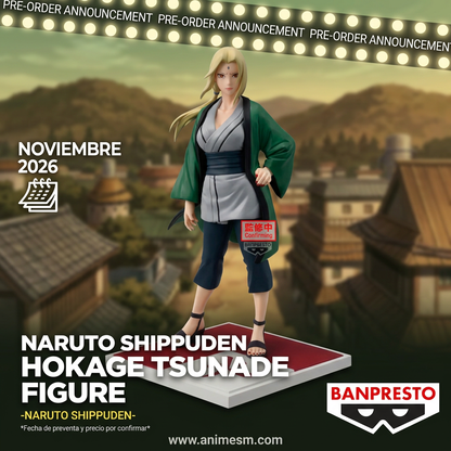 Naruto Shippuden Hokage Tsunade Figure Banpresto con fondo inspirado en Konoha, preventa noviembre 2026