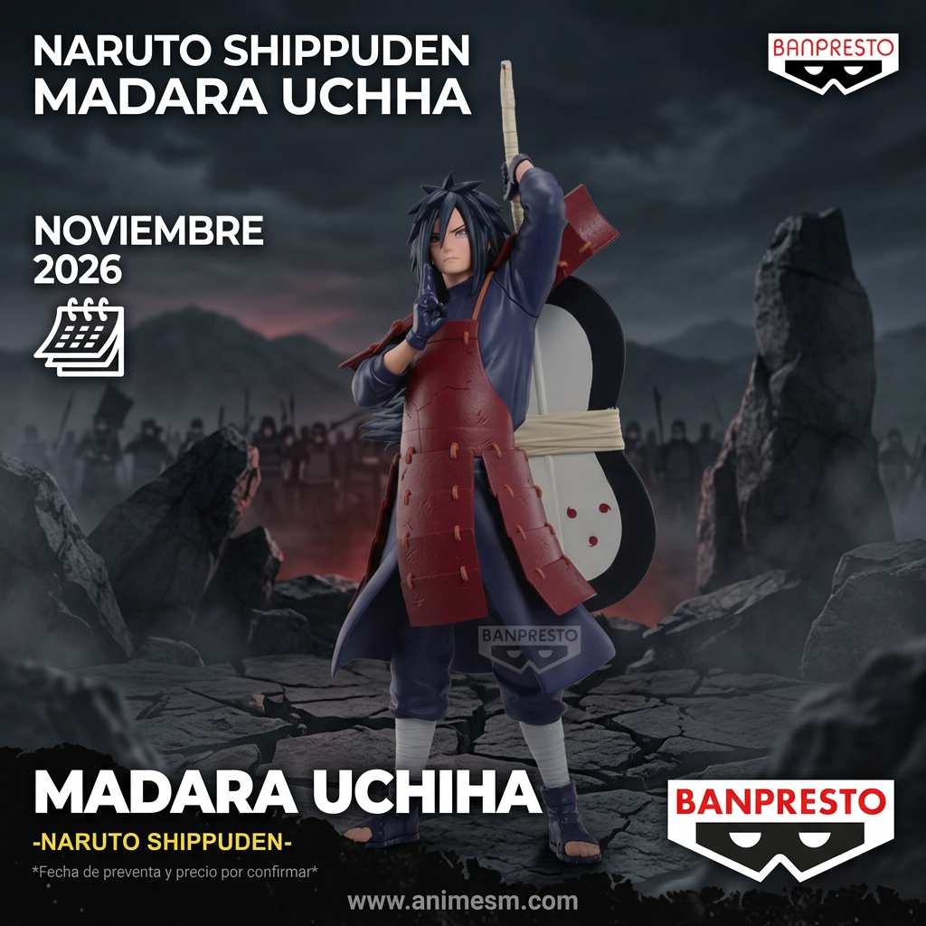 Naruto Shippuden Madara Uchiha Figure Banpresto con fondo de campo de batalla, preventa noviembre 2026