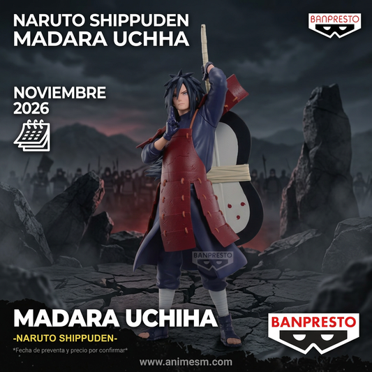 Naruto Shippuden Madara Uchiha Figure Banpresto con fondo de campo de batalla, preventa noviembre 2026